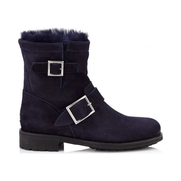 Jimmychoo/吉米周 海军蓝绒面革机车靴，配以兔毛衬里 YOUTHDRF040014