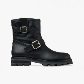 Jimmychoo/吉米周 YOUTHII-银色扣饰羊绒内衬黑色磨面皮骑士靴 YOUTHIIOHI000912