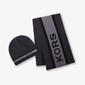迈克高仕/Michael Kors  木炭灰混色 Kors 条纹图案围巾针织帽套装