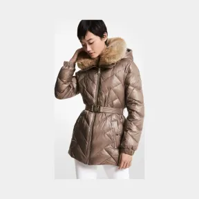 迈克高仕/Michael Kors 人造皮草饰边雪佛龙绗缝尼龙束带羽绒大衣 77F5418M82-0277