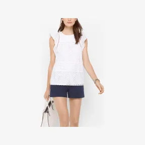 迈克高仕/Michael Kors 荷叶袖圆领网点镂空针织衫 MS74L3X4FW100