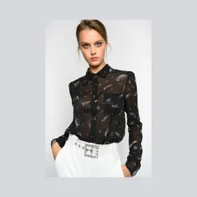 品高/Pinko 黑色 白色 SAMOIEDO 2 PLANET-PRINT GEORGETTE衬衫（带徽标） 1B145W7804ZZ2