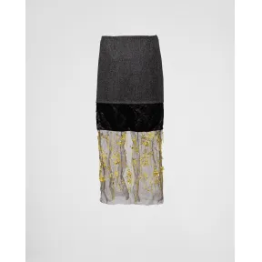 普拉达/Prada 刺绣布料和网眼织物中长半身裙 P169UR-117S-F0Y06