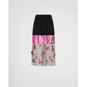 普拉达/Prada 刺绣织物和缎面中长半身裙 P169UR-117V-F014F