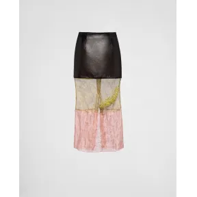 普拉达/Prada 刺绣网眼织物和皮革中长半身裙 P184UR-1177-F023S