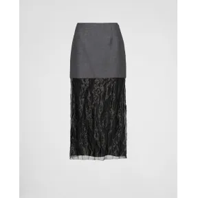 普拉达/Prada 马海羔羊毛和平纹细布中长半身裙 P194U-117G-F0B70