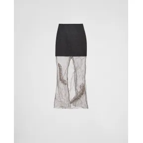 普拉达/Prada 刺绣布料和网眼织物中长半身裙 P194UR-117T-F0Y06