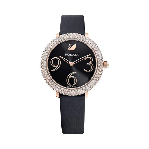 施华洛世奇/Swarovski Crystal Frost 腕表, 真皮表带, 黑色, 玫瑰金色调 PVD 5484058