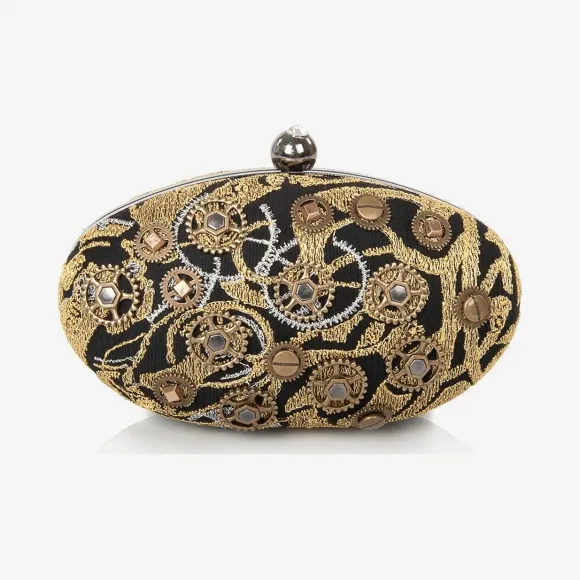  金属蕾丝齿轮装饰椭圆形手包 CL04AQGB-GD-BK