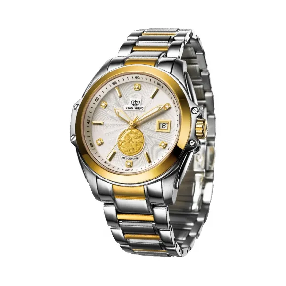 天王/Tianwang 不锈钢表壳，壳身不锈钢螺丝锁钢片，不锈钢表圈电黄金，透视螺丝锁底。  锋尚系列 自动机械 男表 GS5658T-D