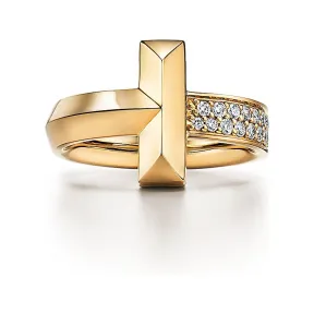 蒂芙尼/Tiffany Tiffany T 系列 T1 18K 黄金镶钻戒指，宽 4.5 毫米