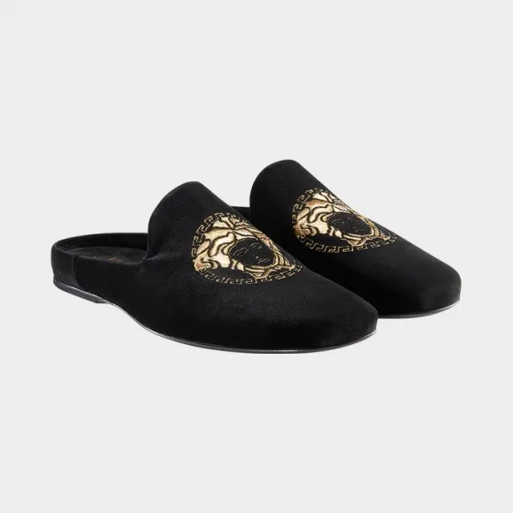 范思哲/Versace 美杜莎头像丝绒拖鞋 - 黑色+金色 乐福鞋 DSU6273-DVLFC_D41OH