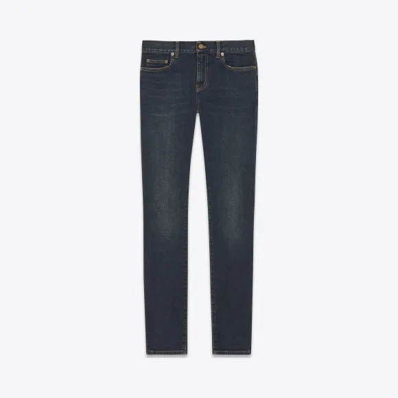 伊夫圣罗兰/Yves Saint laurent 正版低腰紧身牛仔裤，深蓝色作旧蓝色弹力牛仔布制 390001Y862L4325