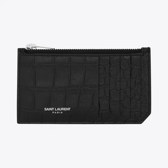 伊夫圣罗兰/Yves Saint laurent 经典saint laurent paris黑色鳄鱼压纹皮革5片段拉链钱包 45
