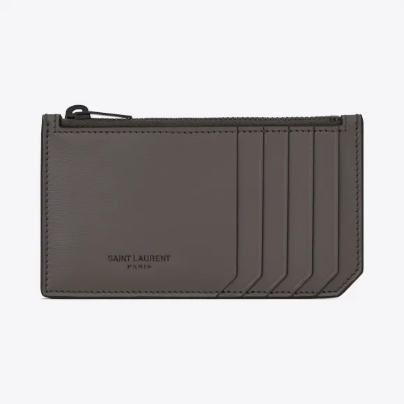 伊夫圣罗兰/Yves Saint laurent FRAGMENTS土灰色真皮和黑色装饰拉链零钱袋 458589D432U206