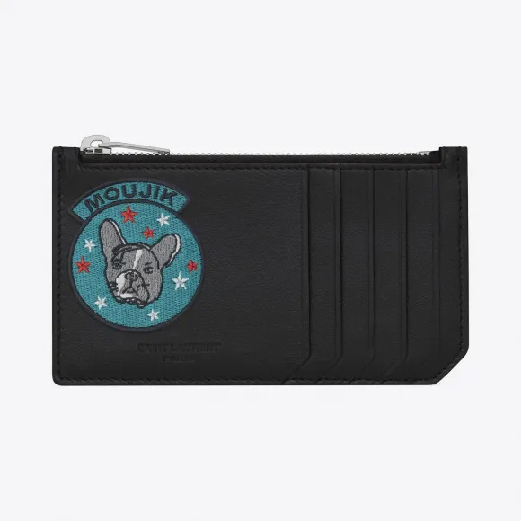 伊夫圣罗兰/Yves Saint laurent FRAGMENTS黑色MOUJIK”贴片真皮拉链零钱袋 458593BXRA6