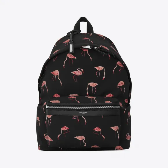 伊夫圣罗兰/Yves Saint laurent 黑色和粉色火烈鸟印花尼龙帆布和黑色真皮 CITY 背包  465448GWO1