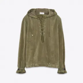 伊夫圣罗兰/Yves Saint laurent 超大连帽衫在军绿色Crosta绒面革 496840YC2JY3236