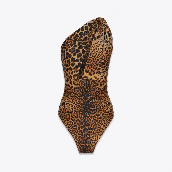 伊夫圣罗兰/Yves Saint laurent 垂褶肩豹纹印花连体泳衣 574294Y689U9665