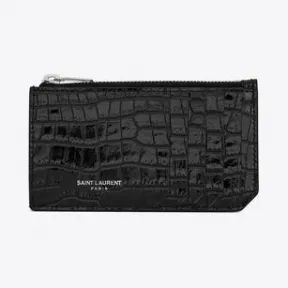伊夫圣罗兰/Yves Saint laurent fragments黑色鳄鱼纹压花闪亮真皮拉链零钱袋 631992DND0N1000