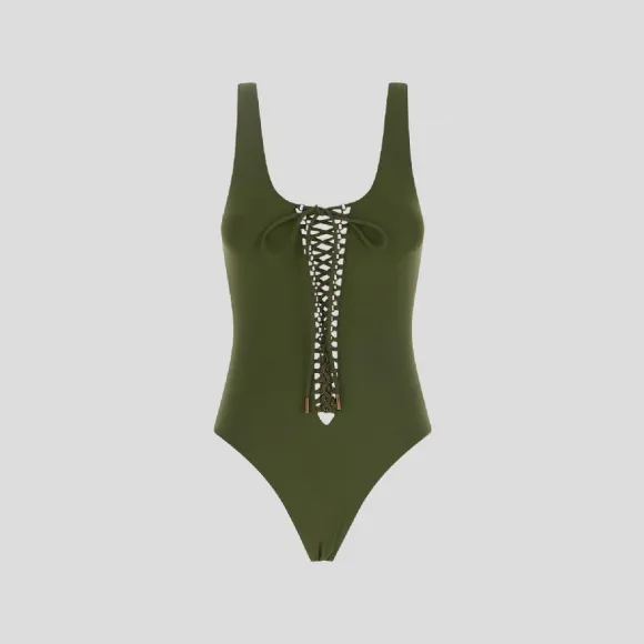 伊夫圣罗兰/Yves Saint laurent 卡其色 卡其色系带细节连体泳衣 687606Y36TD1036