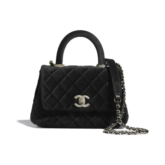 香奈儿/Chanel Mini Flap Bag with Top Handle 絲絨、水晶及金色金屬 黑 AS2215B04586